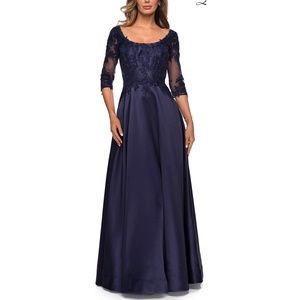 La Femme 27988 Embroidered 3/4 Sleeve Satin Gown